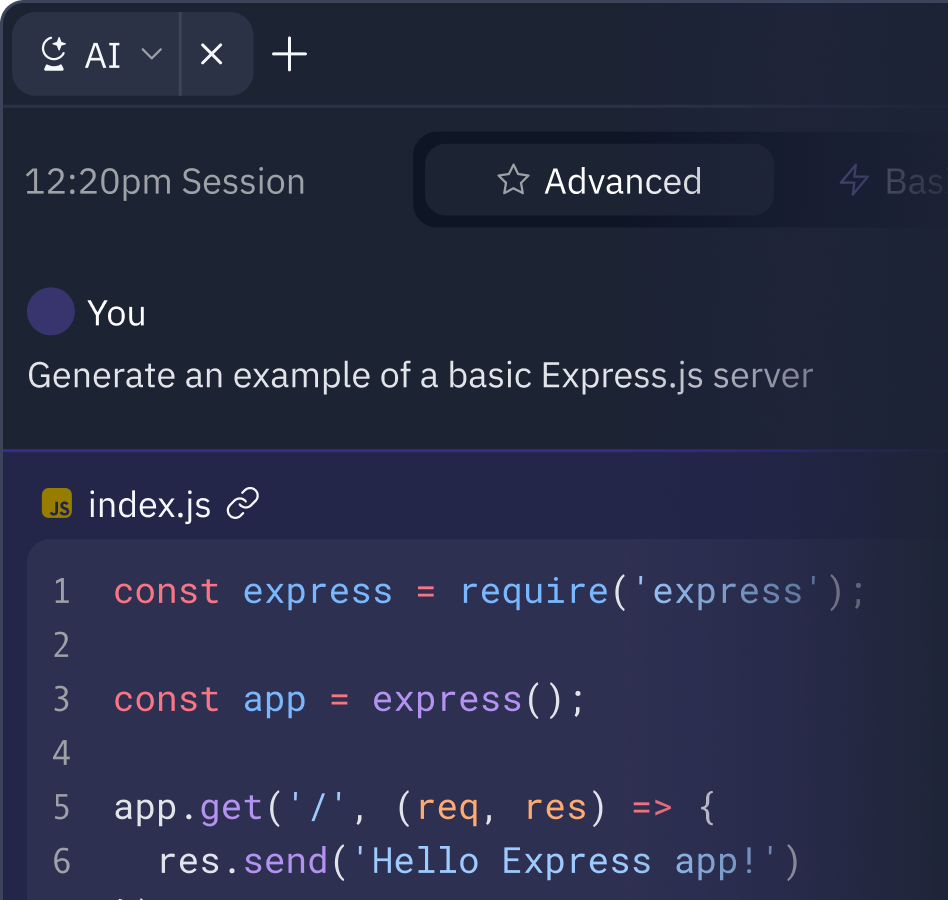 The AI pane in the Replit IDE. It shows a toggle between the Advanced and Basic AI models, and the result of a user prompt to generate an basic Express.js server.
